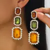Pendientes Largos Colgantes de Piedra Preciosa Rectangulares con Bloques de Color Estilo Retro de Corte Totalmente Pavimentados con Diamantes Blancos Exagerados para Vestido de Banquete para Mujeres