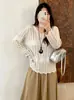 Blusa vintage de tricô com decote V e detalhes vazados para mulheres plus size, estilo outono 2026, modelagem solta com barra de renda para mulheres plus size