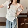 Camiseta de Manga Curta Irregular com Laço para Mulheres Plus Size, Verão 2026, Top Emagrecedor e que Esconde a Barriga para Figuras Curvilíneas