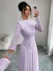 Vestido de Festa Longo de Renda Outono e Inverno para Comércio Exterior Europeu e Americano, Gola Semi-Alta Manga Longa Emagrecedor Valorizador Barra Larga