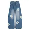 Jeans Wide-Leg Patchwork com Bordado Floral, Novo Estilo Americano de Outono, Lavado, Fresco, Estilo de Rua, Calças Casuais Largas
