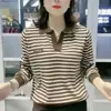 Camiseta polo de manga comprida feminina primavera e outono temperamento fashion listrada mãe solta versátil cobre a barriga base casual