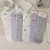 Meias com Babado Floral Roxo de Taro Outono Inverno Renda Xadrez Urso de Desenho Animado Meias Femininas Menina Japonesa Meia-panturrilha Algodão