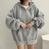 Sudadera con capucha casual de gran tamaño, gruesa y forrada de polar, estilo chic coreano, para mujer 2026, tipo pullover, manga larga, holgada