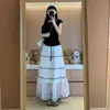 Falda de Malla Blanca Patchwork para Pastel para Mujer, Nuevo Estilo Verano 2026, Cintura Alta, Línea A Adelgazante, Falda Larga Abullonada para Figuras Pequeñas