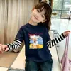 Nova Blusa de Manga Comprida Primavera/Outono para Meninas, Camisa Base Listrada com Estampa de Desenho Patchwork, Camiseta Estilosa de Algodão Puro para Bebê