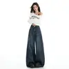Calça Jeans Wide Leg de Cintura Alta Vintage Azul-Cinza para Mulheres, Novo Estilo Outono, Caimento Solto Retrô, Emagrecimento, Caimento Fluido, Comprimento Total
