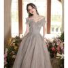 Vestido de Noite Cinza, Ombro a Ombro, Novo Estilo 2026, Exame de Arte Feminino, Estilo Princesa Socialite, Apresentador(a), Vestido de Cerimônia de Debutante