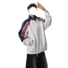 Sudadera cárdigan de cuello alto a rayas de color block estilo americano, unisex, corte holgado, casual, chaqueta deportiva versátil