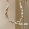 Brilho Prata Lunar! Colar de pérolas com camada dupla cravejado de diamantes, corrente para clavícula requintada de luxo leve, colar estilo vintage francês