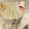 Calça casual feminina de material toalha cinza com pernas justas, forrada com lã para outono e inverno, calça de moletom grossa, cintura alta, emagrecedora, arroz glutinoso, perna larga