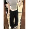 Calça Xadrez Retrô Azul Marinho para Mulheres, Verão 2026, Estilo Fino, Petite, Cintura Patchwork, Calça Wide-Leg, Calça Casual Reta Solta