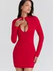 Vestido corto ajustado al cuerpo de manga larga con escote gota de agua y diseño calado para mujer, ajustado, realza la figura, color liso, vestido corto formal de fiesta