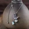 Siam encanto antiguo femenino azul quemado incrustado jade Hetian Magpie colgante de plata plata S925 vintage plata tailandesa collar conjunto cadena