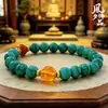 Pulseira de Contas Redondas Turquesa de Alta Qualidade, Círculo Único, Contas de Oração Vintage Estilo Chinês para Homens e Mulheres