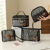 Bolsa de almacenamiento de malla con etiqueta de cuero, bolsa de almacenamiento de cosméticos de malla portátil, bolsa de almacenamiento de artículos de tocador con asa, bolsa de almacenamiento de viaje