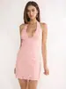 Vestido com Alça Halter Rosa Suave Estilo Deusa Rosa Mel Tridimensional Cintura Alta Slim Fit Bodycon