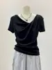 Impresionante Camiseta con Escote Irregular para Mujer, Top Básico de Verano de Nicho con Pliegues, Camiseta de Manga Corta de Hombros Descubiertos Estilo Francés