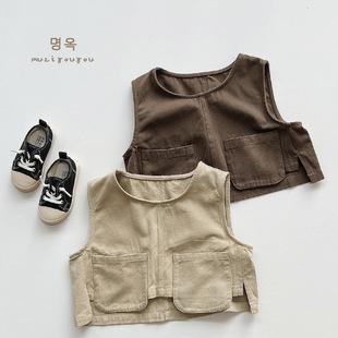 萌童穿搭个性潮童马甲2023春季男女童宝宝韩版复古背心坎肩潮童装