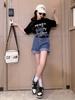 Traje de Verano para Niñas 2025 Nueva Moda Niña Estilo Coreano Estilo Infantil Mediano y Grande Letra Manga Corta Shorts de Capullo Trendy