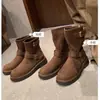 Versão Couro 2026 Novas Botas de Motocicleta Retrô com Tiras de Fivela, Bico Redondo, Solado Grosso, Botas Curtas de Cano Médio para Aumentar a Altura para Mulheres, Outono e Inverno