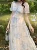 Elegante vestido floral estilo francés para mujer, vestido de verano de cintura alta adelgazante con cuello en V y mangas abullonadas, vestido versátil y elegante tipo pastel de hadas