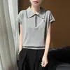 Verão mais vendido de seda gelada estilo casual com zíper gola polo manga média versátil estilo coreano simples cor sólida blusa feminina