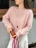 Suéter de Polar con Cuello Redondo de Lana Cachemir para Mujer, Tejido Suelto y Suave, Top Básico Versátil de Color Caramelo para Otoño e Invierno