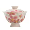 Gaiwan de pie alto con flor de camelia pintada a mano en blanco, cuenco de té cerámico de lujo ligero para el hogar anti-quemaduras, cuenco de té para juego de té Kung Fu de alta gama