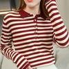 Camisa de base listrada feminina gola POLO primavera e outono nova camiseta de algodão penteado manga comprida camisa de malha lapela top solto moderno