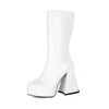 Botas femininas longas de couro envernizado transfronteiriças com solas grossas, saltos grossos, saltos ultraltos, zíperes laterais, cano alto, botas de cavaleiro, botas Martin femininas de cano alto