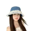 Sombrero de Pescador de Mezclilla con Cinta de Encaje de Perlas de Hada Súper Nuevo para Mujer Otoño Sombrero de Cubo Simple Versátil Sombrero de Pescador Moderno