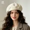 Boina de lã clássica de alta costura para outono e inverno para mulheres, boina de lã simples de cor sólida artística retrô universal
