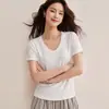 Camiseta de Manga Corta Ajustada para Mujer de Lyocell Tencel Lino [Cuello Redondo con Cara Sonriente], Top Fresco y Versátil para Verano
