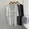 Camiseta Modal de Largo Medio con Cuello en U Grande y Estampado de Letras para Mujer, Parte Superior de Largo Medio y Manga Corta para Mujer