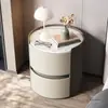 Mesa de noche redonda con un toque de alta gama estilo italiano, Gabinete redondo pequeño de losa de roca para dormitorio, Mesa de almacenamiento de ensamblaje de madera maciza, Yuancheng