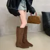 Primeiro Encontro Temporada Retro Coreano Bico Quadrado Camurça Salto Alto Botas Longas Femininas 2026 Nova Outono/Inverno Emagrecimento Botas de Cano Alto