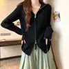 Suéter cárdigan de moda con cremallera, solapa y costillas para mujer, suéter base de punto holgado y adelgazante, ropa exterior elegante de otoño e invierno para mujer