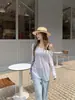 Foto real de camiseta de manga larga Tencel con protección solar, estilo coreano primavera/verano, corte holgado, diseño de hombro asimétrico con abertura para mujer 19064