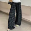 Pantalones Casuales Rayados con Cordón Caídos para Mujer Otoño Versátil Sueltos Adelgazantes de Pierna Ancha
