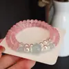 Pulsera de Piedra Ojo de Gato Rosa de Doble Círculo con Acabado de Alta Gama, Joyería de Perlas de Concha, Diseño Elástico, Calabaza Fresca y Nueva de Estilo Chino