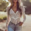 Modelo Novo Mais Vendido na Amazon Transfronteiriço Primavera/Verão 2026 Blusa Feminina Elegante de Manga Longa com Decote V, Franjas, Sexy, Renda Vazada