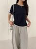 6up Verano Nuevo Suéter de Manga Corta de Color Contrastante Cuello Redondo para Mujer 2025 Guangzhou 13-Líneas Top Casual Versátil 91632