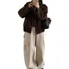 Tiro Real 26 Otoño Nueva Llegada Color Bloque Retro Cuello de Cuero Chaqueta de Pana Silueta Cremallera Cordón en el Dobladillo Abrigo Corto