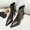 Botines Retro de Punta Marrones con Tacón Alto para Mujer, Tacón Delgado, Novedad Verano 2026, Botas Versátiles de Tacón Medio Adelgazantes, Botas de Cuero para Mujer