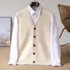 Colete masculino pequeno de lã pura com decote em V, cardigã, suéter de lã, peça externa, camada base, abotoado, quente, adequado para pais, atacado