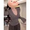 Camiseta de Mousse Cachemir de Doble Cara Cepillada con Cuello en V y Mangas Largas para Mujer en Otoño e Invierno con Camiseta Básica Ajustada y Top de Hombro Derecho