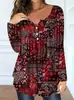 Blusa Elegante Solta com Botões e Decote V com Estampa Paisley Tamanho Grande Feminina