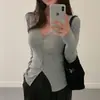 Moda Feminina Estilo Novo Dongdaemun Coreano, Elegante Slim Fit Decote V, Valoriza a Silhueta, Fino, Levemente Transparente, Fenda, Mangas Longas Versáteis