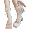 Meias de Renda com Laço Miu para Mulheres, Meia-Calça Fina de Renda Branca com Babados Estilo Ballet para o Verão Combinadas com Mary Janes